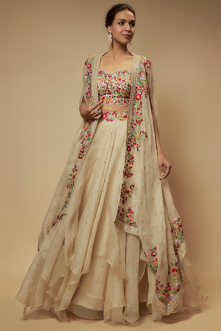 Ivory Organza Thread Embroidered Jacket Lehenga Set by Anushree Reddy