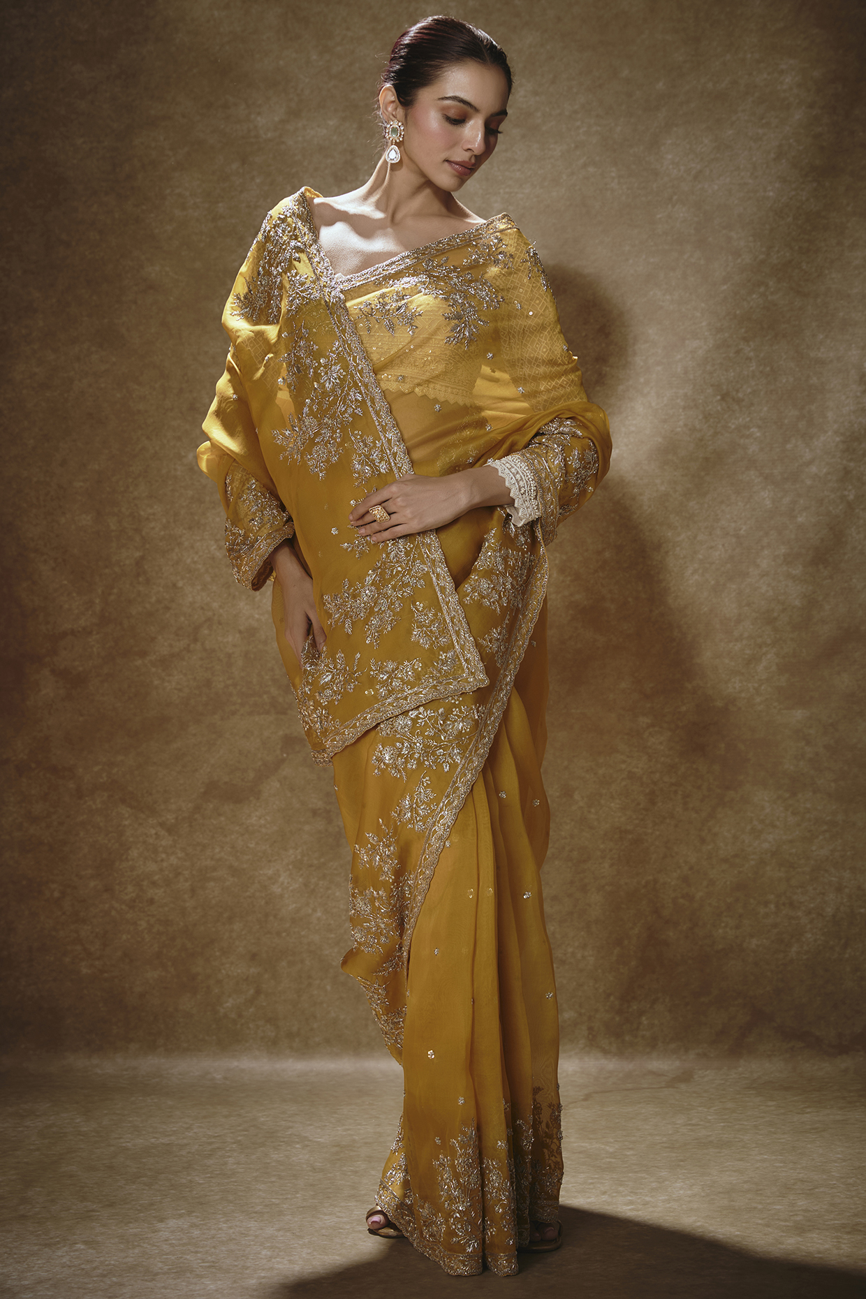 Mustard Organza Bridal Saree Set by Anushree Reddy at Pernia's Pop Up Shop