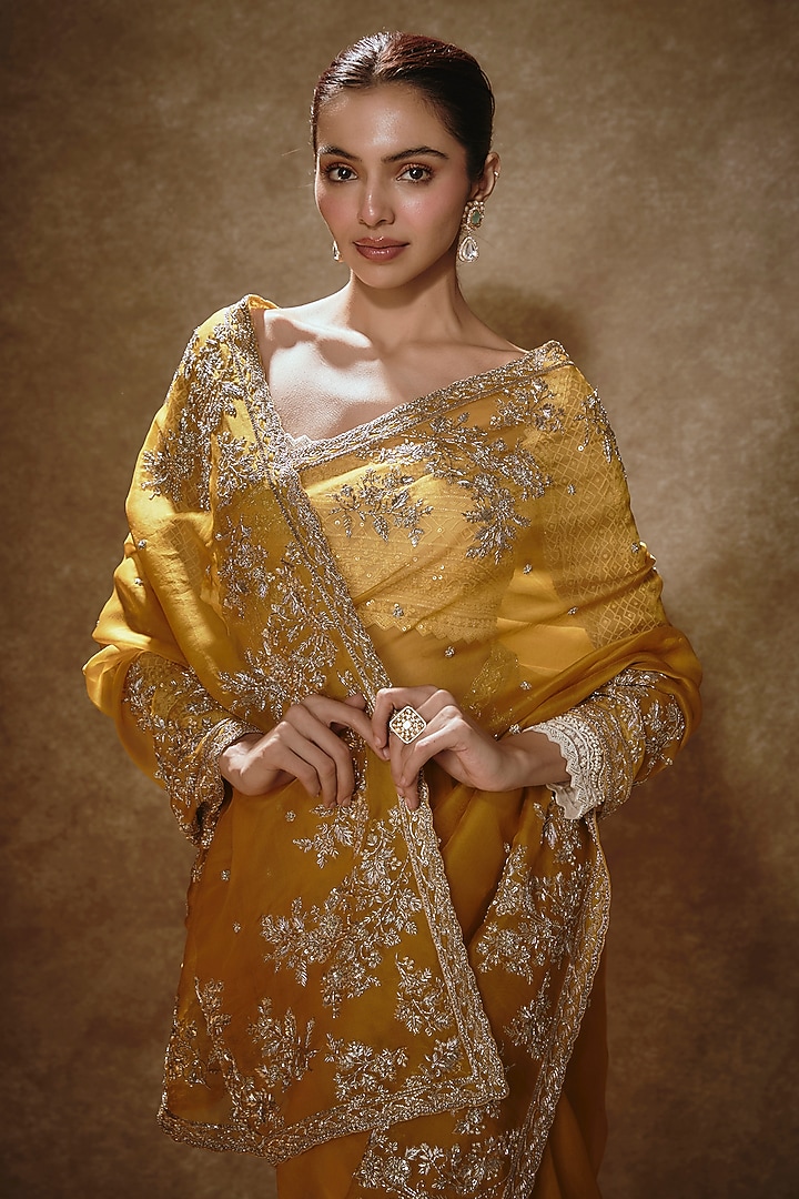 Mustard Organza Bridal Saree Set by Anushree Reddy at Pernia's Pop Up Shop