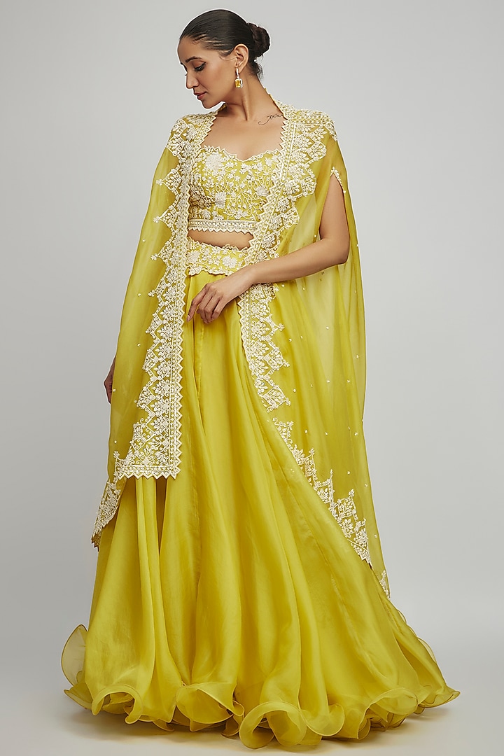 Yellow Organza Pearl Embroidered Cape Set by Anushree Reddy at Pernia's Pop Up Shop