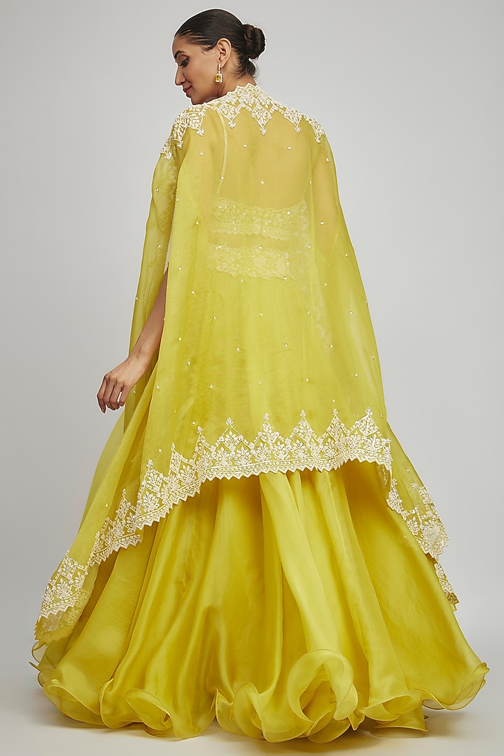 Yellow Organza Pearl Embroidered Cape Set by Anushree Reddy at Pernia's Pop Up Shop