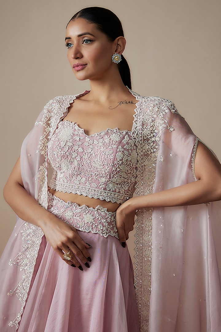 Pink Organza Pearl Embroidered Jacket Bridal Lehenga Set by Anushree Reddy at Pernia's Pop Up Shop