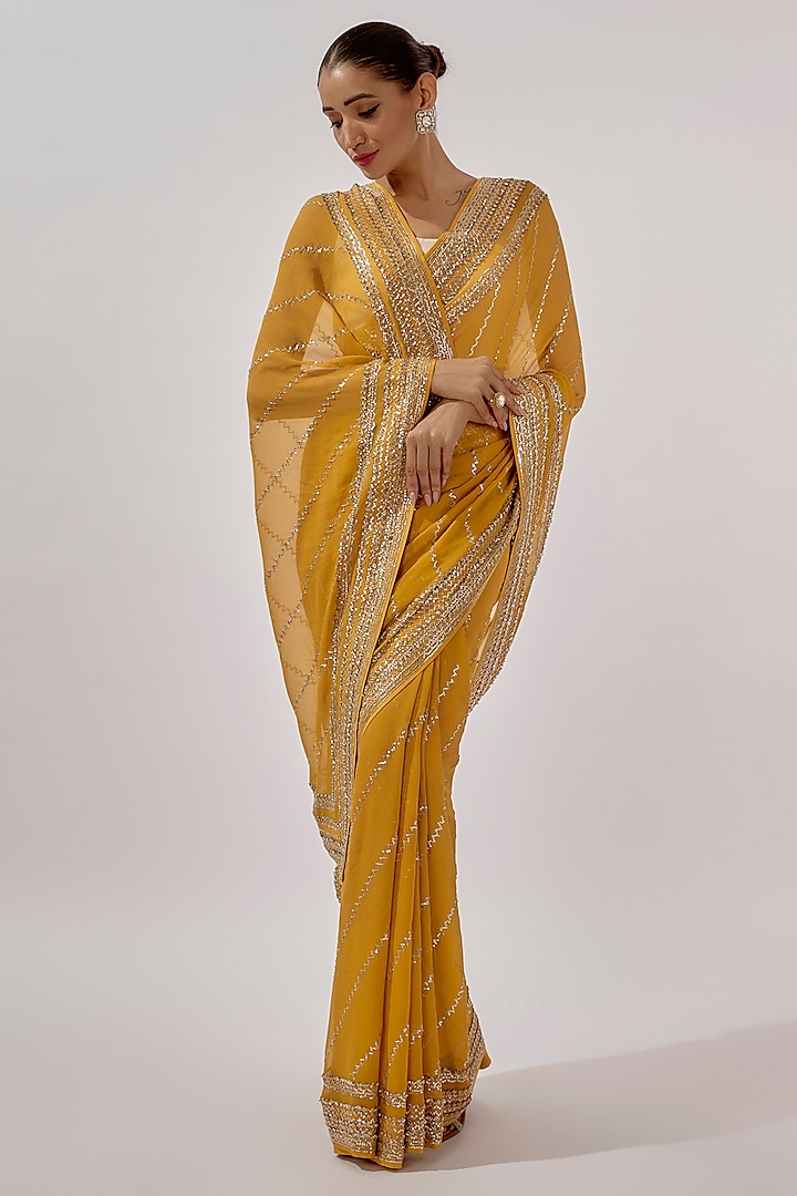 Yellow Chiffon Sequins Hand Embroidered Saree Set by Anushree Reddy