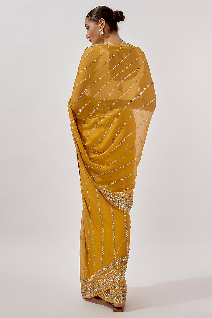 Yellow Chiffon Sequins Hand Embroidered Reception Saree Set by Anushree Reddy at Pernia's Pop Up Shop