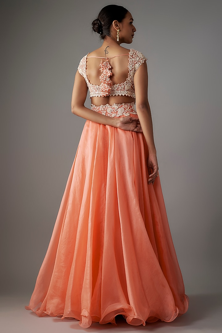 Coral Organza Pearl Hand Embroidered Bridal Lehenga Set by Anushree Reddy at Pernia's Pop Up Shop