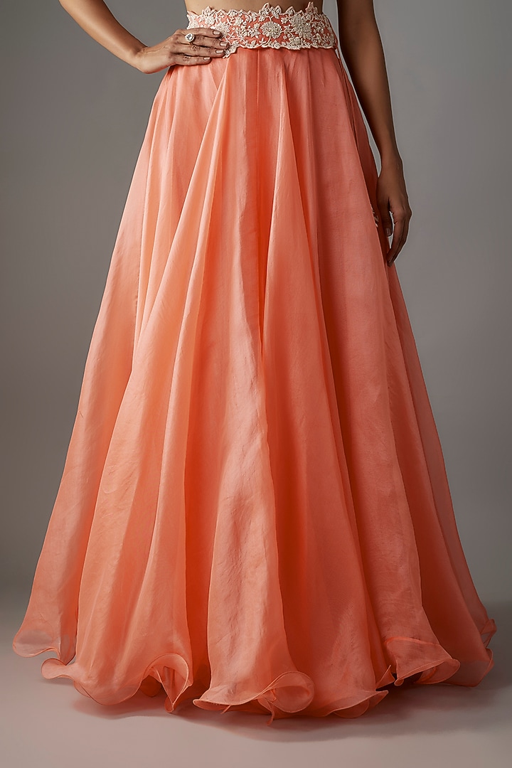 Coral Organza Pearl Hand Embroidered Bridal Lehenga Set by Anushree Reddy at Pernia's Pop Up Shop