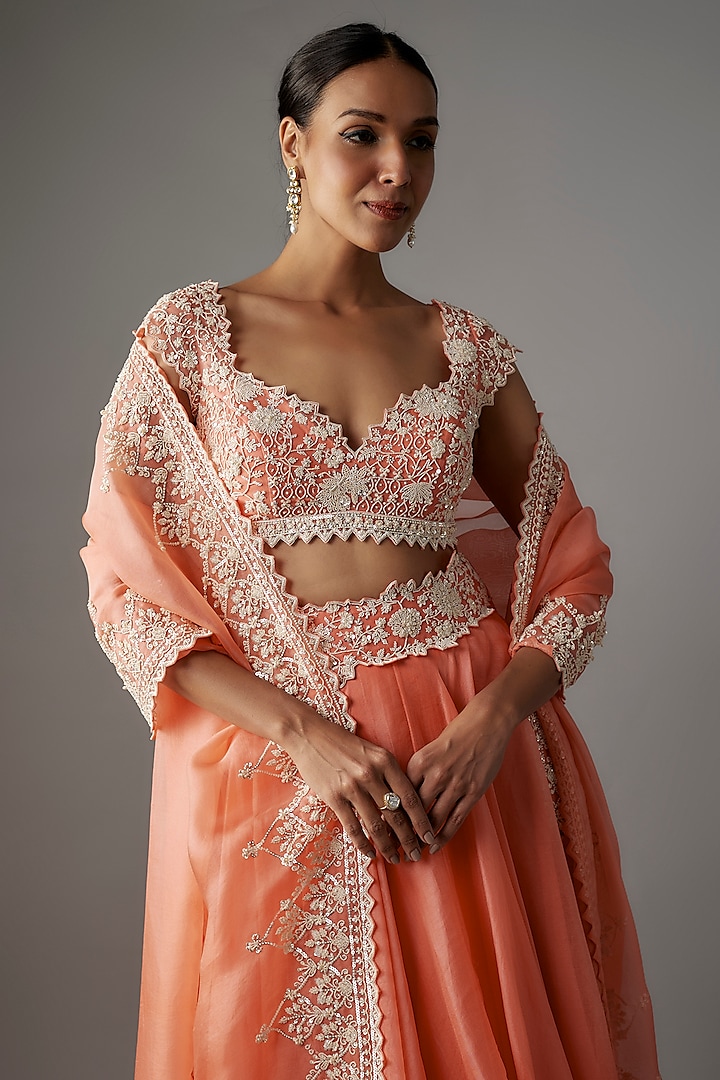 Coral Organza Pearl Hand Embroidered Bridal Lehenga Set by Anushree Reddy at Pernia's Pop Up Shop