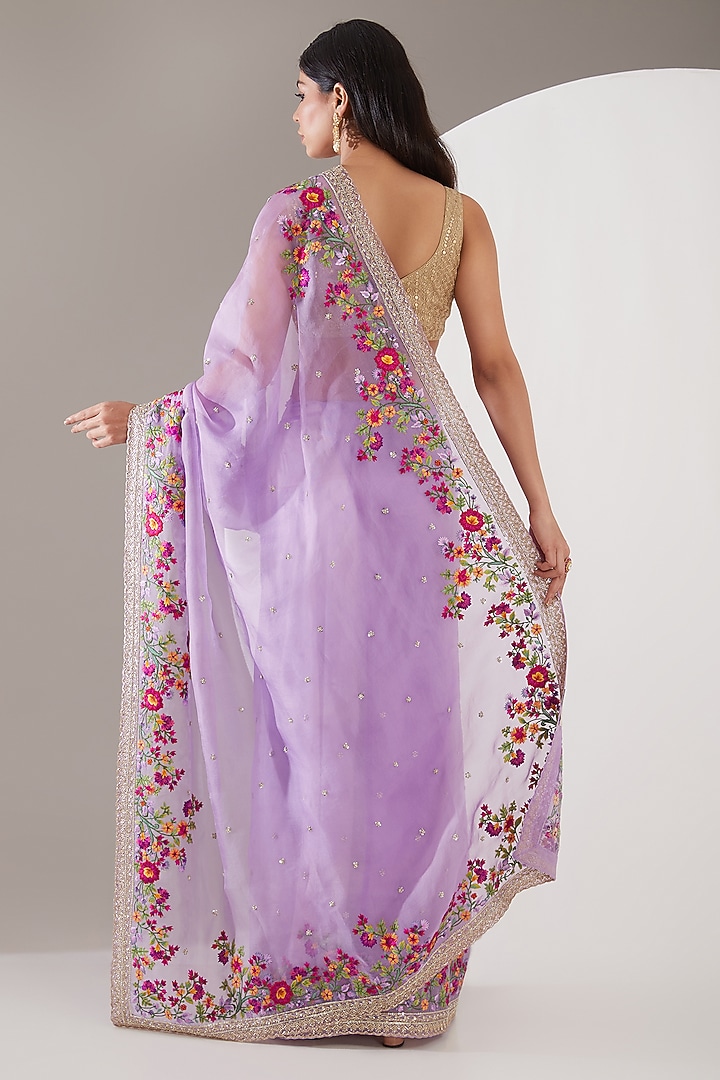 Lavender Organza Thread Embroidered Reception Saree Set by Anushree Reddy at Pernia's Pop Up Shop