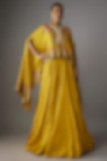 Yellow Dupion Thread Embroidered Cape Set by Anushree Reddy at Pernia's Pop Up Shop