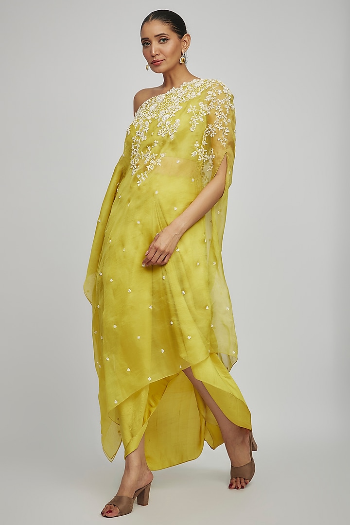 Yellow Organza Pearl Embroidered One-Shoulder Cape Set by Anushree Reddy