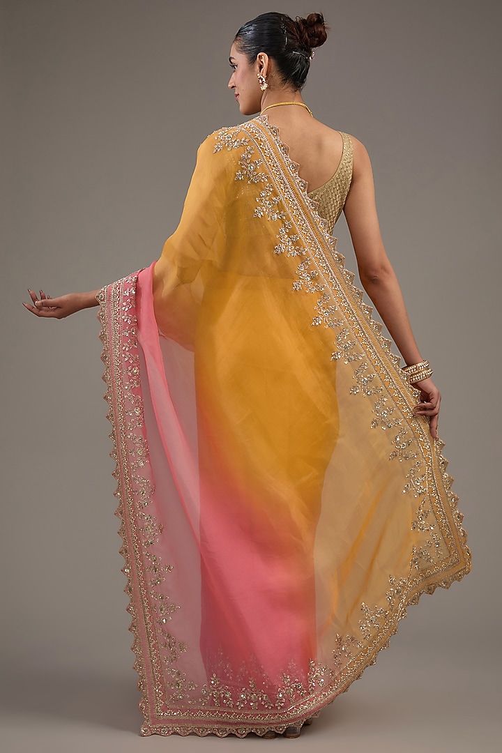 Yellow & Pink Ombre Organza Zardosi Embroidered Bridal Saree Set by Anushree Reddy at Pernia's Pop Up Shop