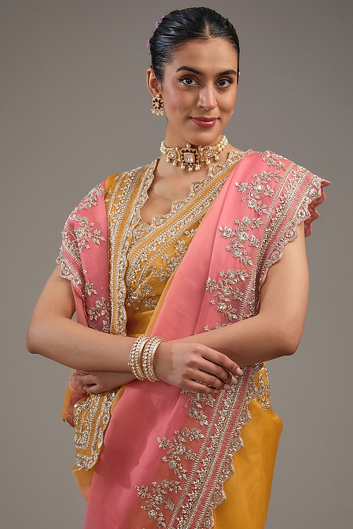 Yellow & Pink Ombre Organza Zardosi Embroidered Bridal Saree Set by Anushree Reddy at Pernia's Pop Up Shop