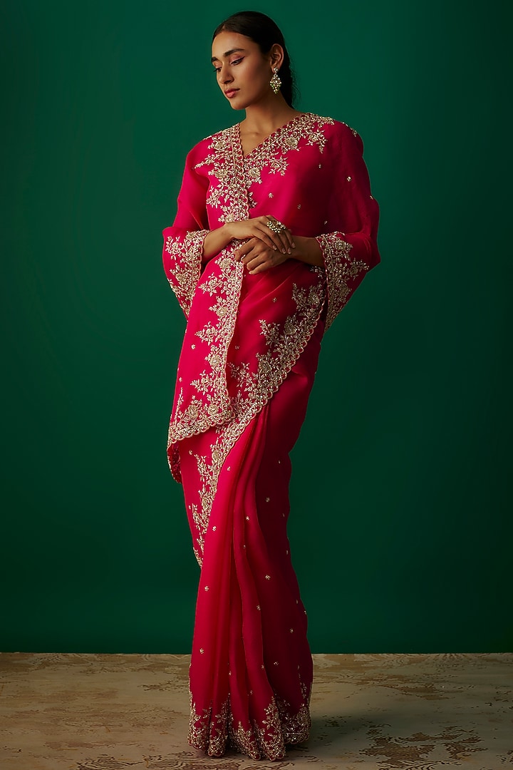 Hot Pink Organza Zardosi & Cutwork Embroidered Reception Saree Set by Anushree Reddy at Pernia's Pop Up Shop