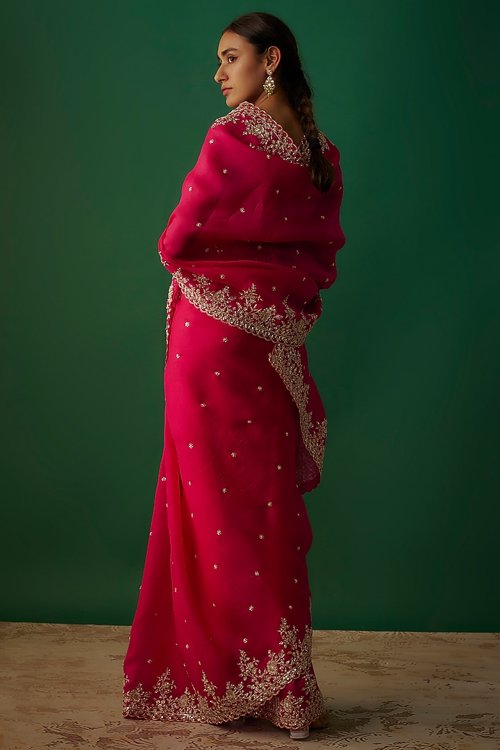 Hot Pink Organza Zardosi & Cutwork Embroidered Reception Saree Set by Anushree Reddy at Pernia's Pop Up Shop