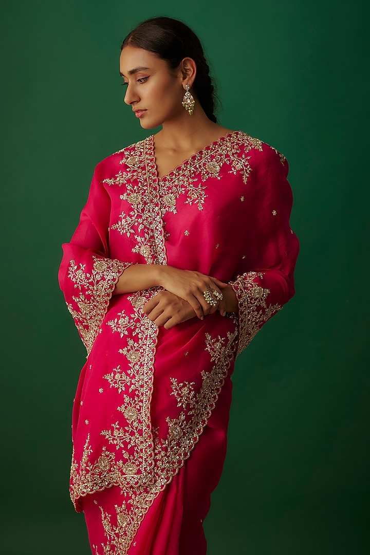 Hot Pink Organza Zardosi & Cutwork Embroidered Reception Saree Set by Anushree Reddy at Pernia's Pop Up Shop