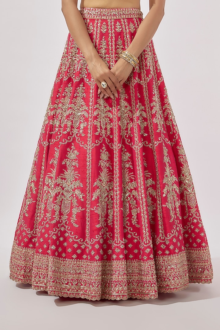 Cherry Red Raw Silk Zardosi Hand Embroidered Bridal Lehenga Set by Anushree Reddy at Pernia's Pop Up Shop