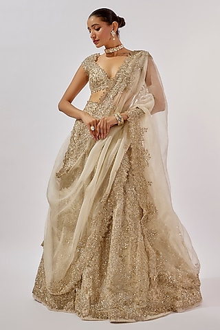 Ivory Organza Zardosi Hand Embroidered Lehenga Set by Anushree Reddy