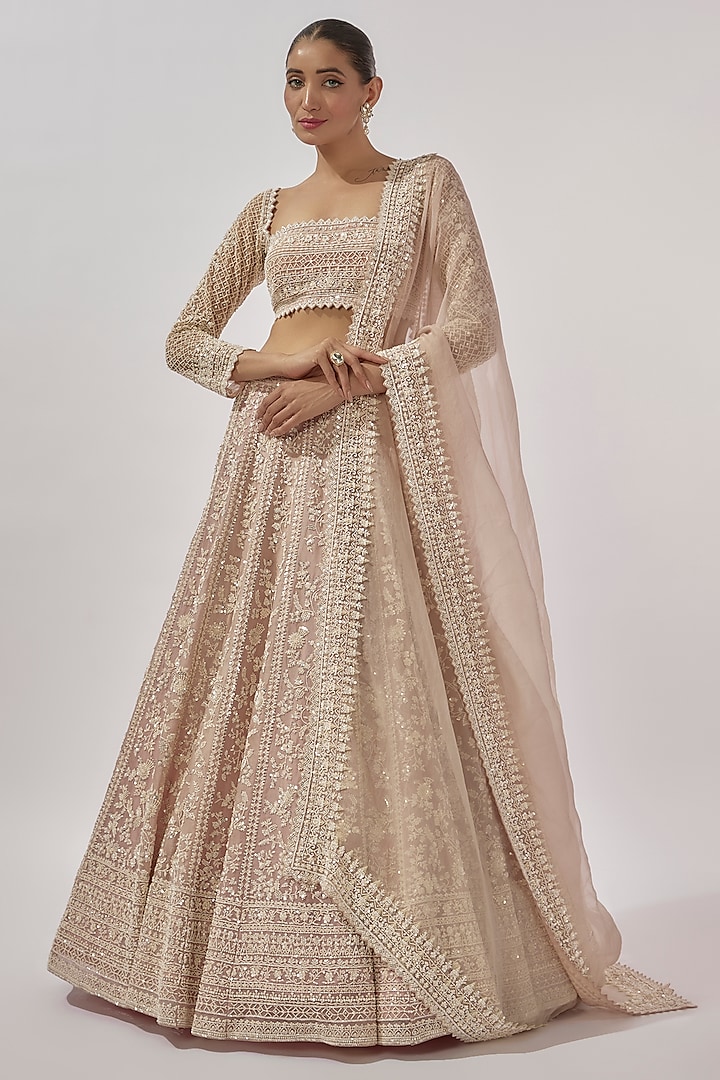 Pink Organza Pearl Hand Embroidered Bridal Lehenga Set by Anushree Reddy at Pernia's Pop Up Shop