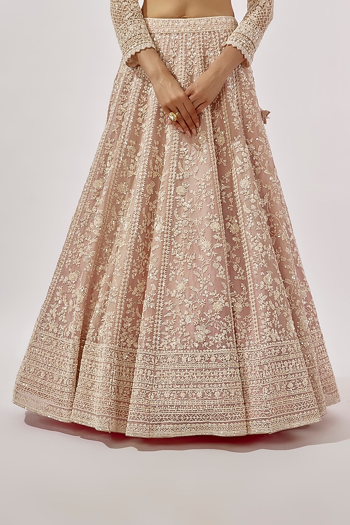 Pink Organza Pearl Hand Embroidered Bridal Lehenga Set by Anushree Reddy at Pernia's Pop Up Shop
