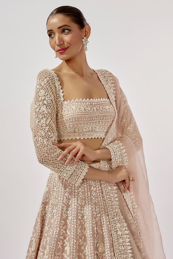 Pink Organza Pearl Hand Embroidered Bridal Lehenga Set by Anushree Reddy at Pernia's Pop Up Shop