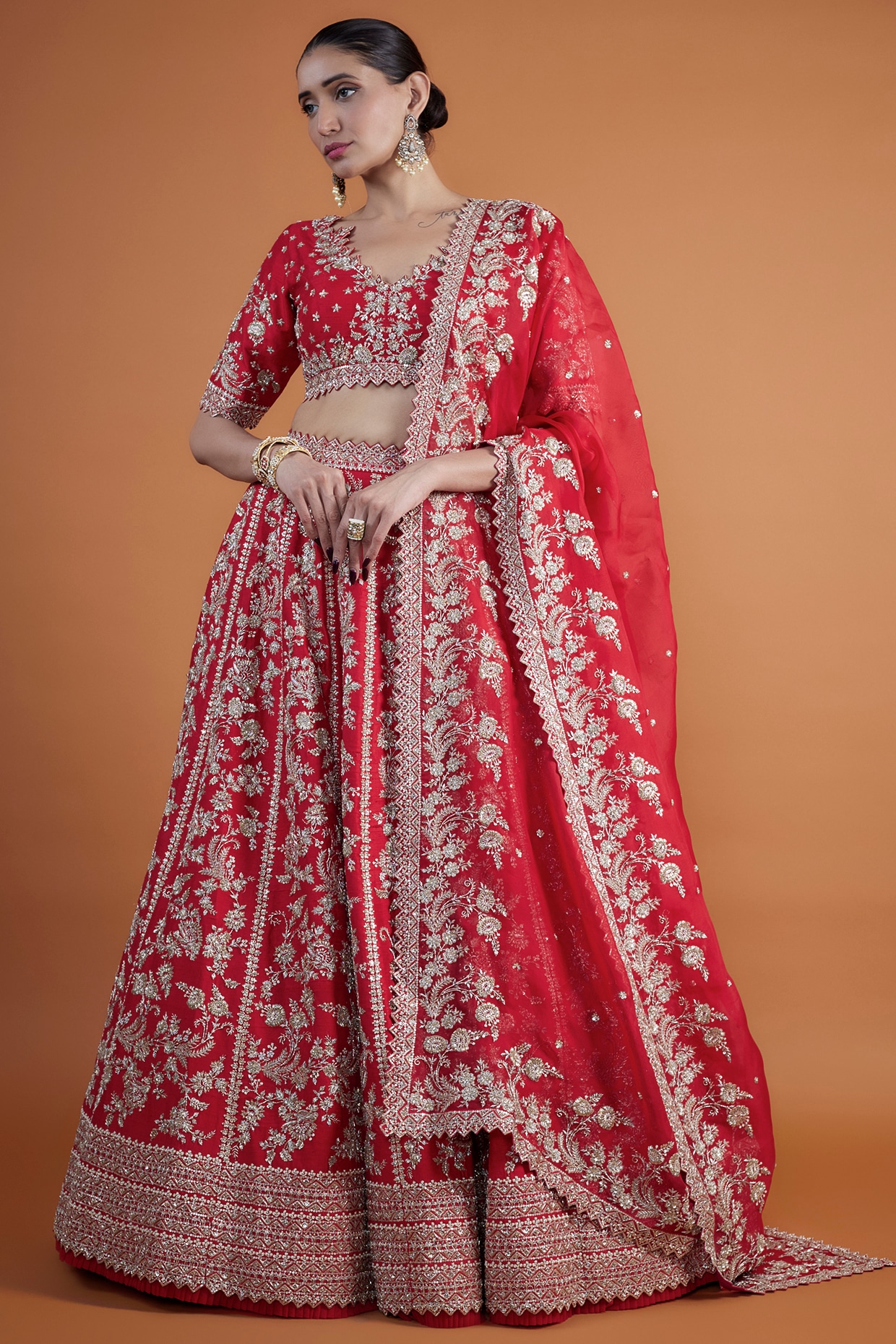 Floral Printed Lace Embellished Crop Top Lehenga With Shrug | SHENAAZ32001  | Cilory.com