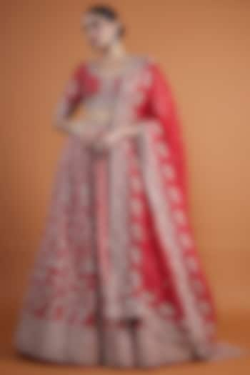 Red Raw Silk Zardosi Embroidered Bridal Lehenga Set by Anushree Reddy at Pernia's Pop Up Shop