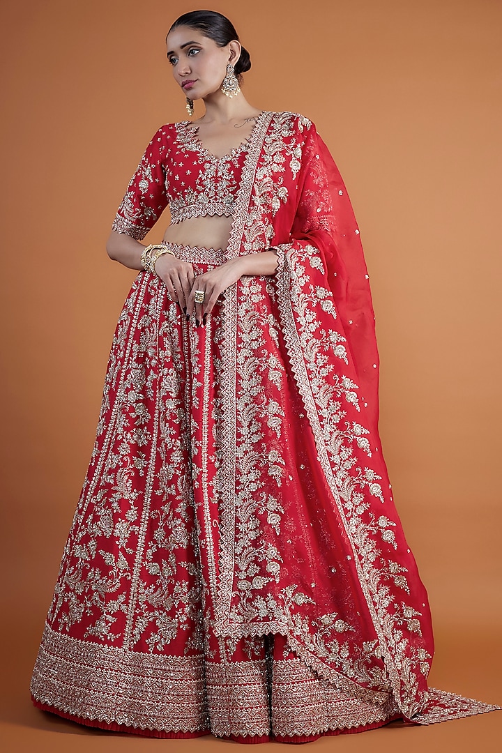 Red Raw Silk Zardosi Embroidered Bridal Lehenga Set by Anushree Reddy at Pernia's Pop Up Shop