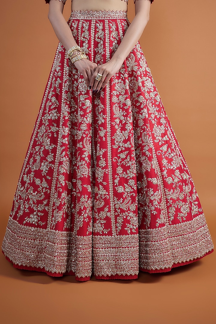 Red Raw Silk Zardosi Embroidered Bridal Lehenga Set by Anushree Reddy at Pernia's Pop Up Shop