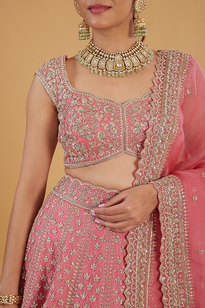 Pink Raw Silk Zardosi Embroidered Bridal Lehenga Set by Anushree Reddy at Pernia's Pop Up Shop