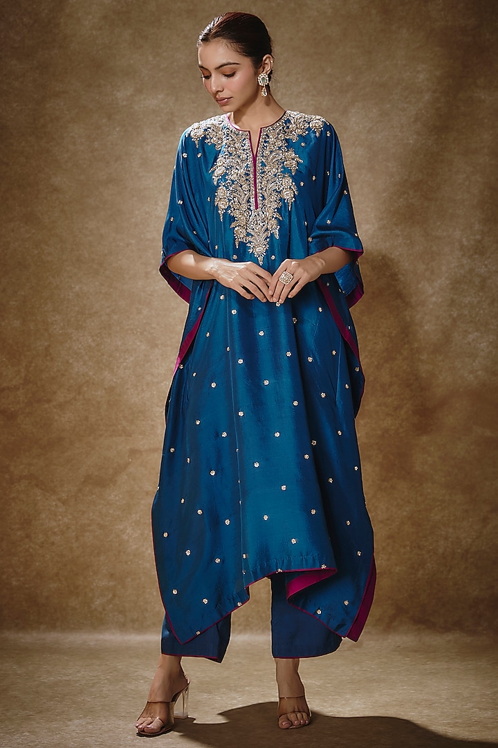 Blue Dupion Silk Kaftan Set by Anushree Reddy