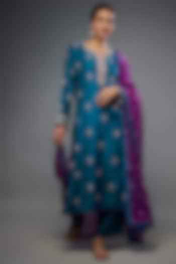 Navy Blue Dupion Silk Zardosi Embroidered Kurta Set by Anushree Reddy at Pernia's Pop Up Shop