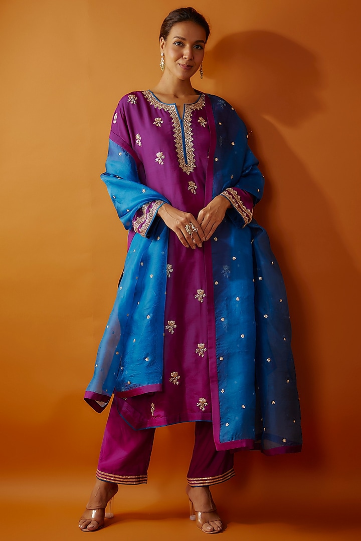 Purple Dupion Silk Zardosi Embroidered Kurta Set by Anushree Reddy at Pernia's Pop Up Shop