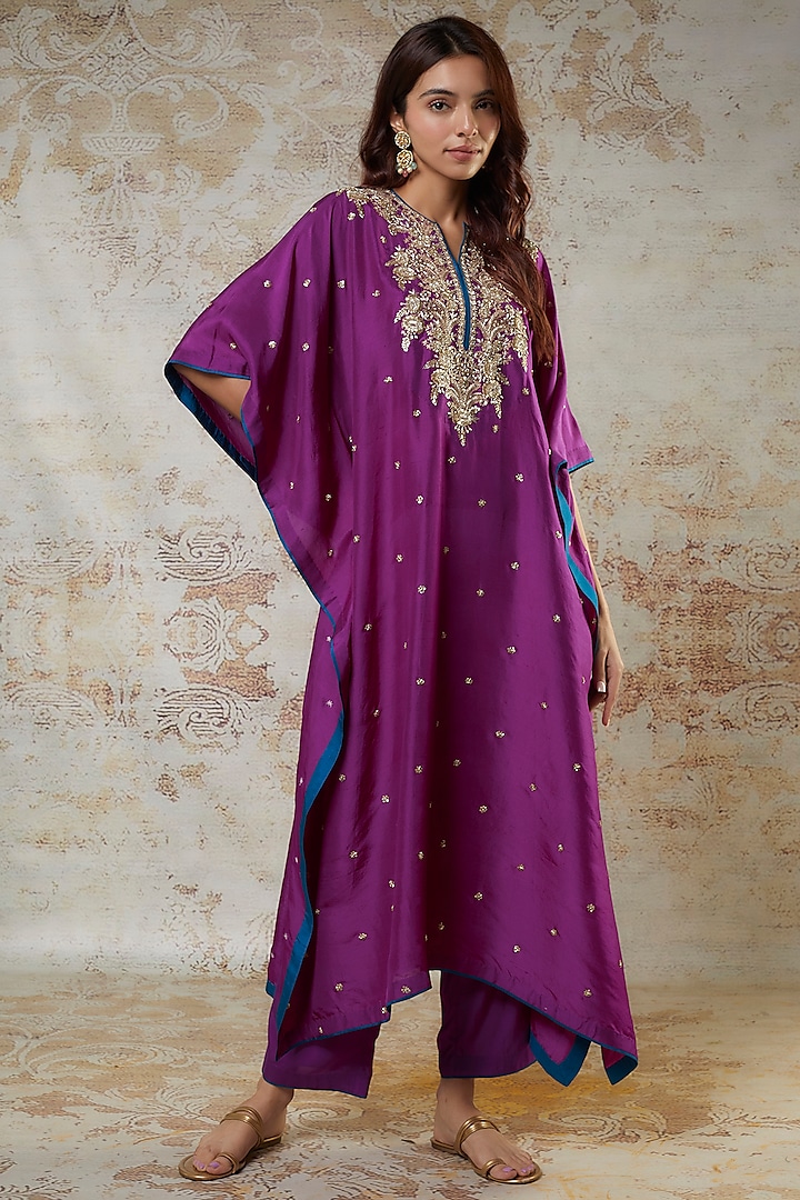 Purple Dupion Zardosi Embroidered Kaftan Set by Anushree Reddy at Pernia's Pop Up Shop