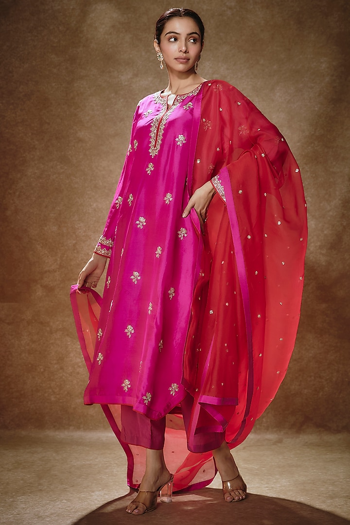 Hot Pink Dupion Silk Zardosi Embroidered Kurta Set by Anushree Reddy at Pernia's Pop Up Shop