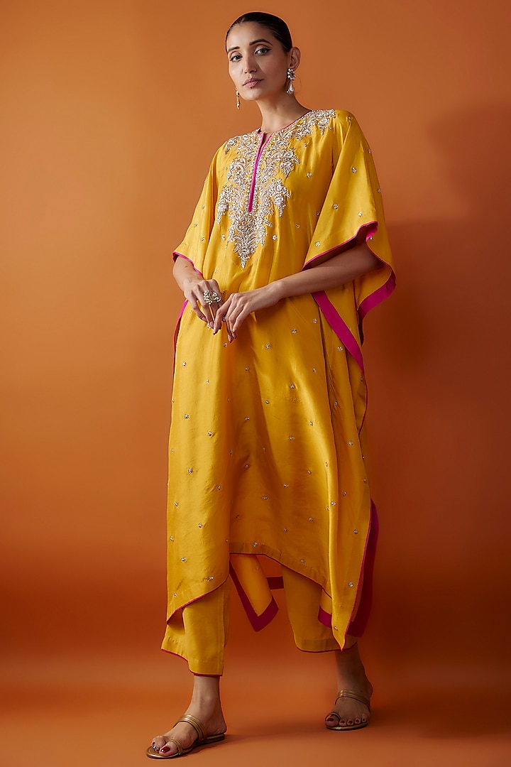 Yellow Dupion Silk Zardosi Embroidered Kaftan Set by Anushree Reddy