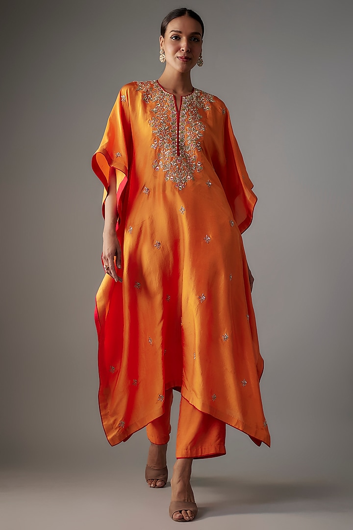 Rust Dupion Silk Zardosi Embroidered Kaftan Set by Anushree Reddy at Pernia's Pop Up Shop