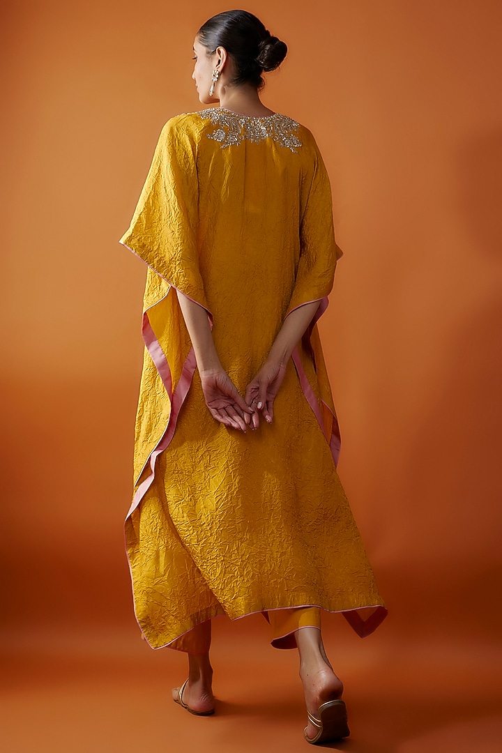 Mustard Yellow Dupion Silk Zardosi Embroidered Crushed Kaftan Set by Anushree Reddy at Pernia's Pop Up Shop
