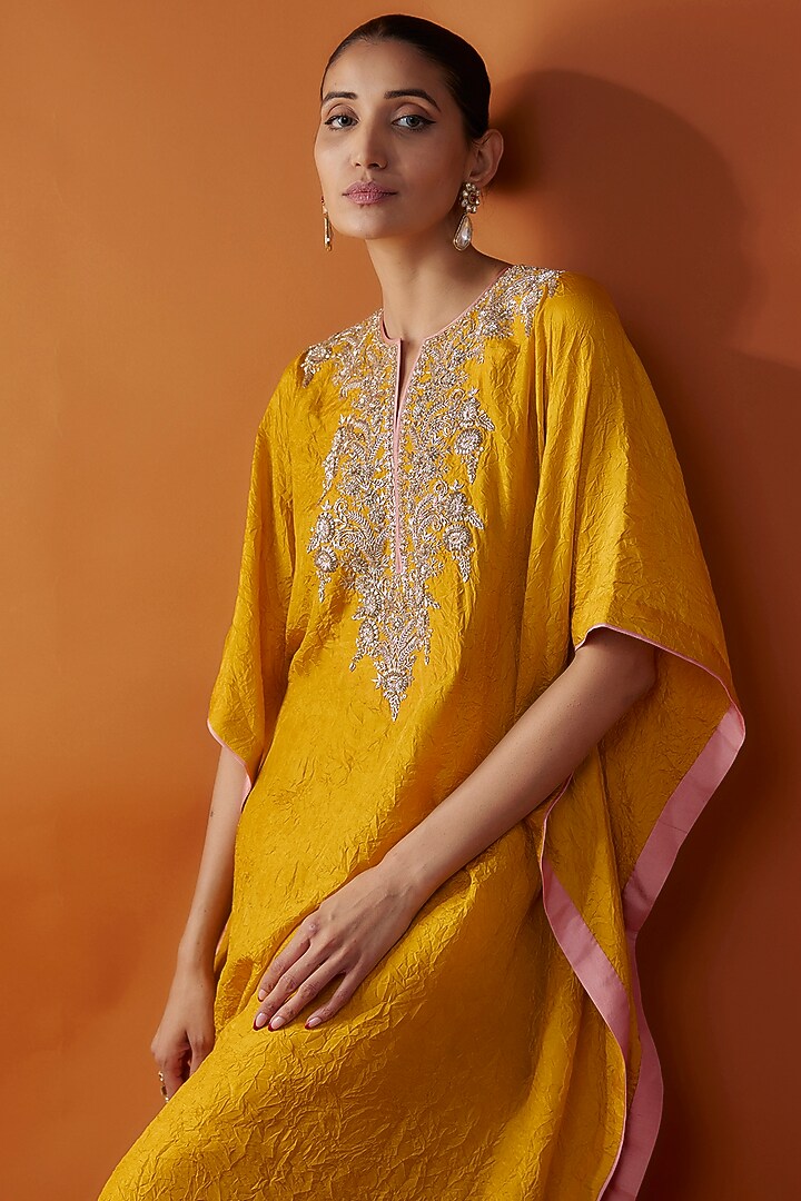 Mustard Yellow Dupion Silk Zardosi Embroidered Crushed Kaftan Set by Anushree Reddy at Pernia's Pop Up Shop