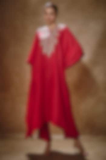 Red Dupion Silk Kaftan Set by Anushree Reddy