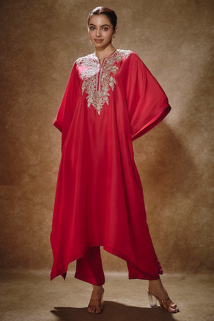 Red Dupion Silk Kaftan Set by Anushree Reddy