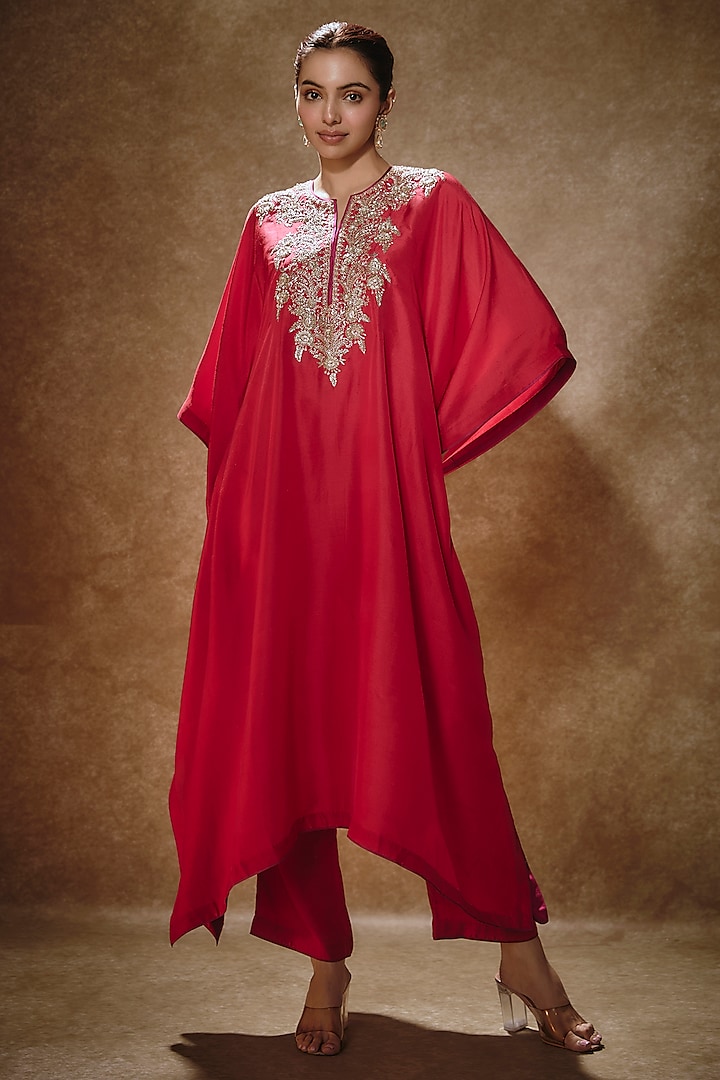 Red Dupion Silk Kaftan Set by Anushree Reddy at Pernia's Pop Up Shop