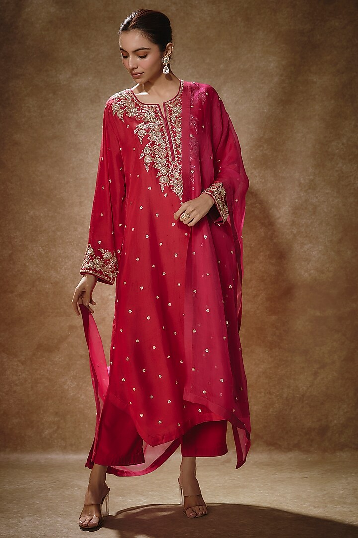 Red Dupion Silk Kurta Set by Anushree Reddy at Pernia's Pop Up Shop