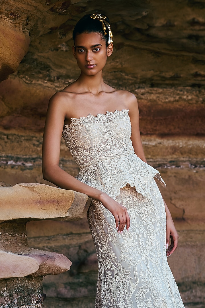 Ivory Net Embroidered Mermaid Skirt Set by Anushree Reddy at Pernia's Pop Up Shop