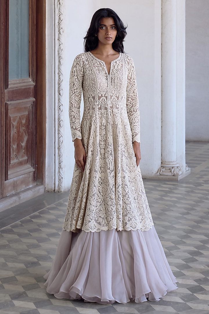 Ivory Net Embroidered Jacket Set by Anushree Reddy at Pernia's Pop Up Shop
