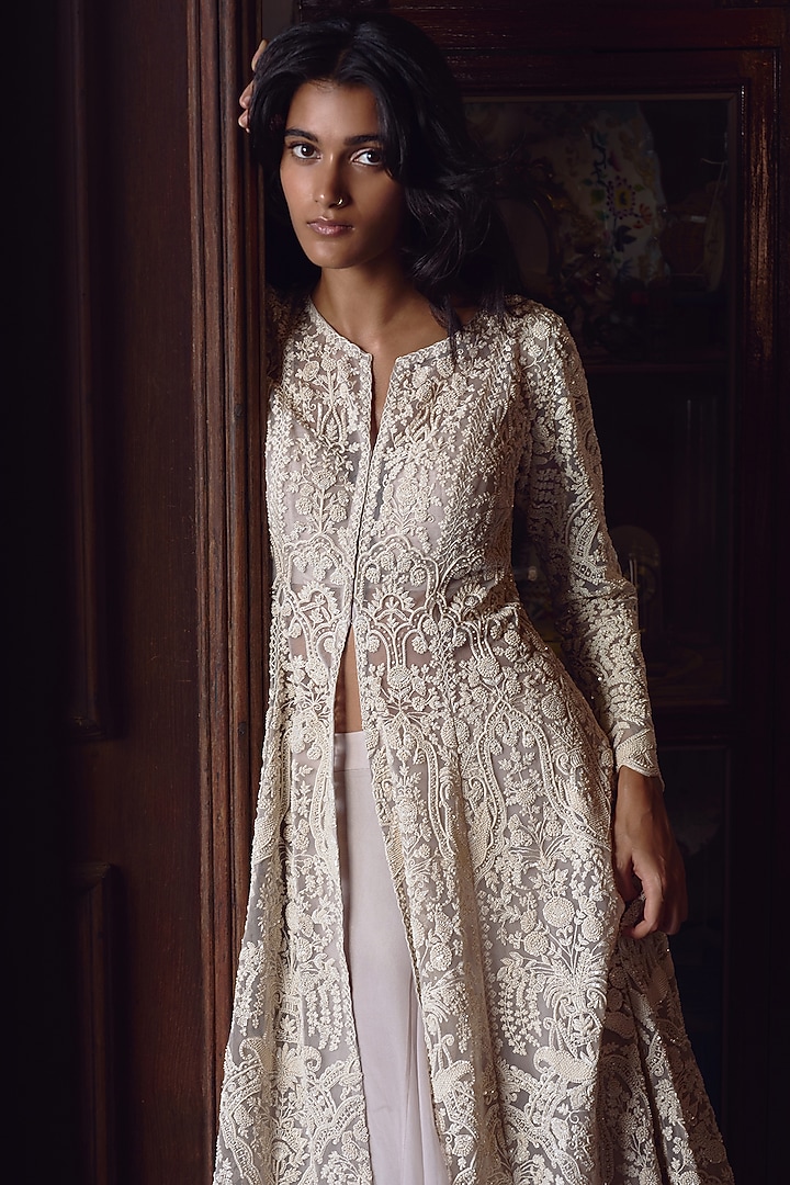 Ivory Net Embroidered Jacket Set by Anushree Reddy at Pernia's Pop Up Shop