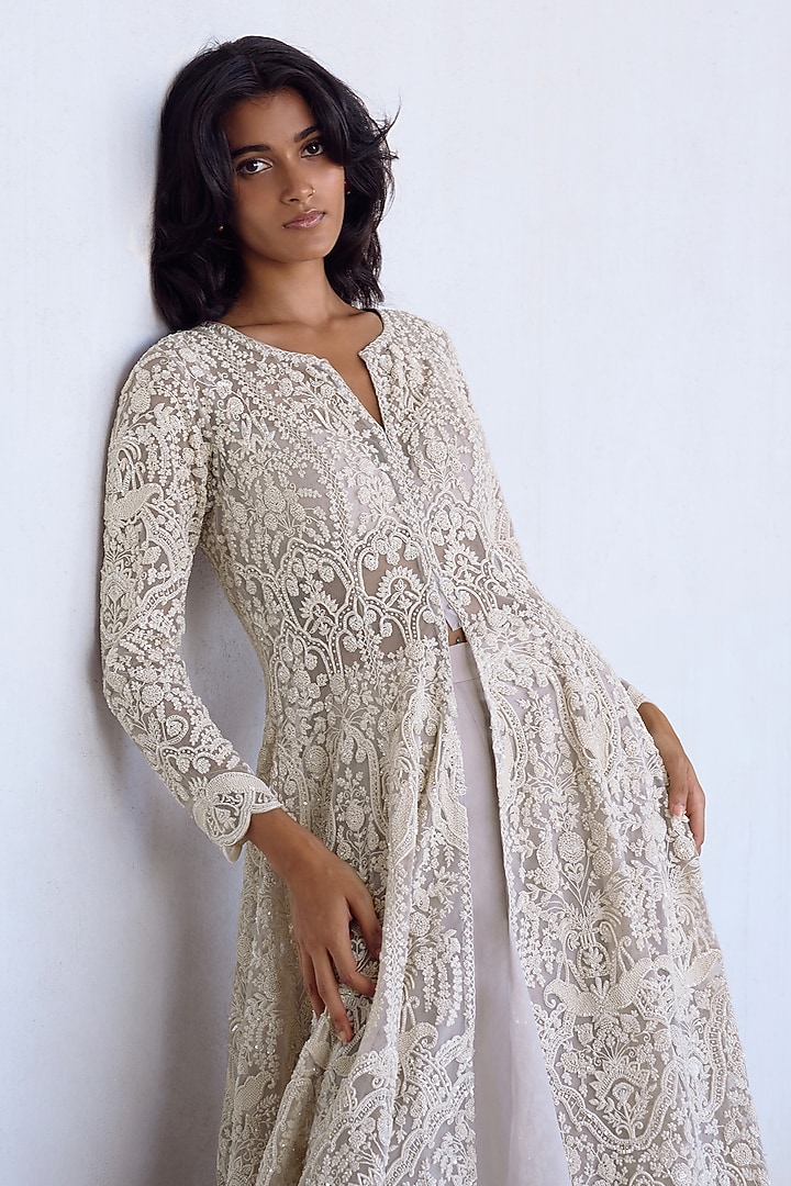 Ivory Net Embroidered Jacket Set by Anushree Reddy at Pernia's Pop Up Shop