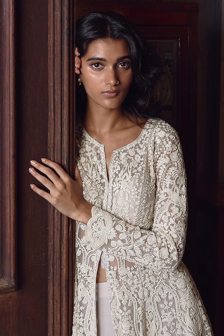 Ivory Net Embroidered Jacket Set by Anushree Reddy at Pernia's Pop Up Shop