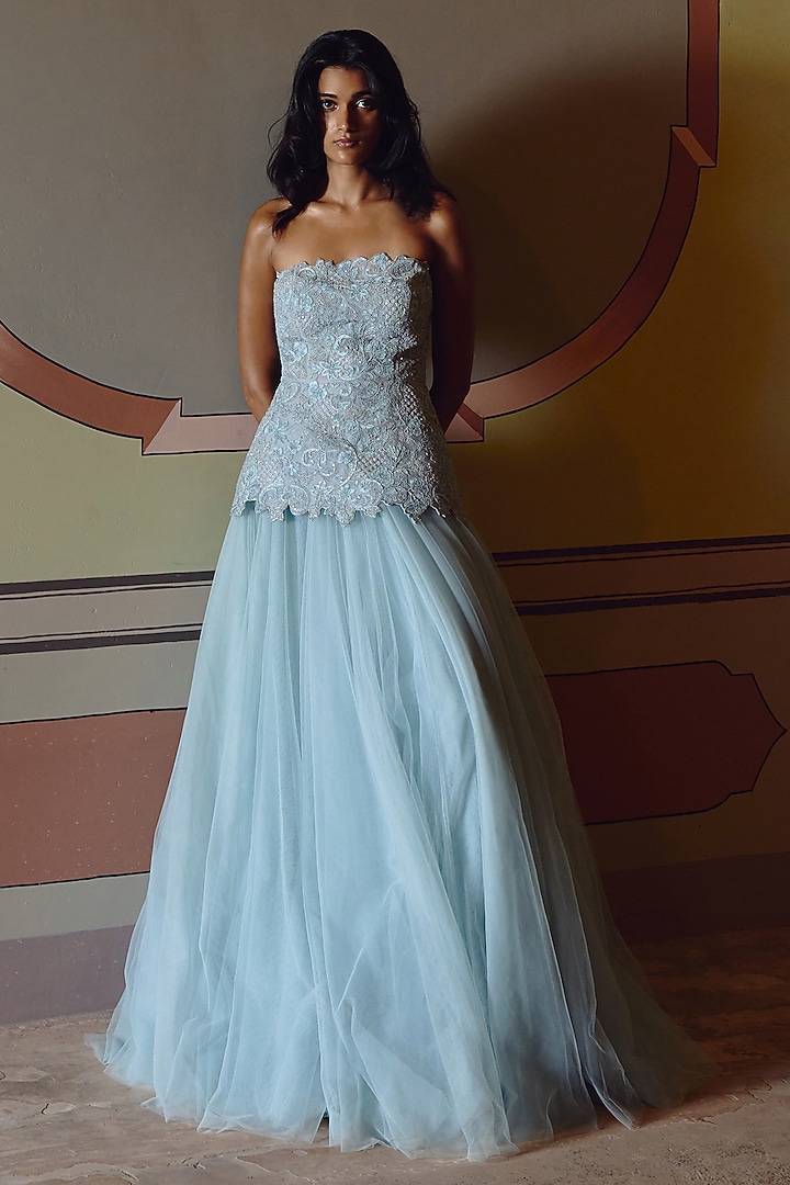 Powder Blue Net Dori Embroidered Skirt Set by Anushree Reddy at Pernia's Pop Up Shop