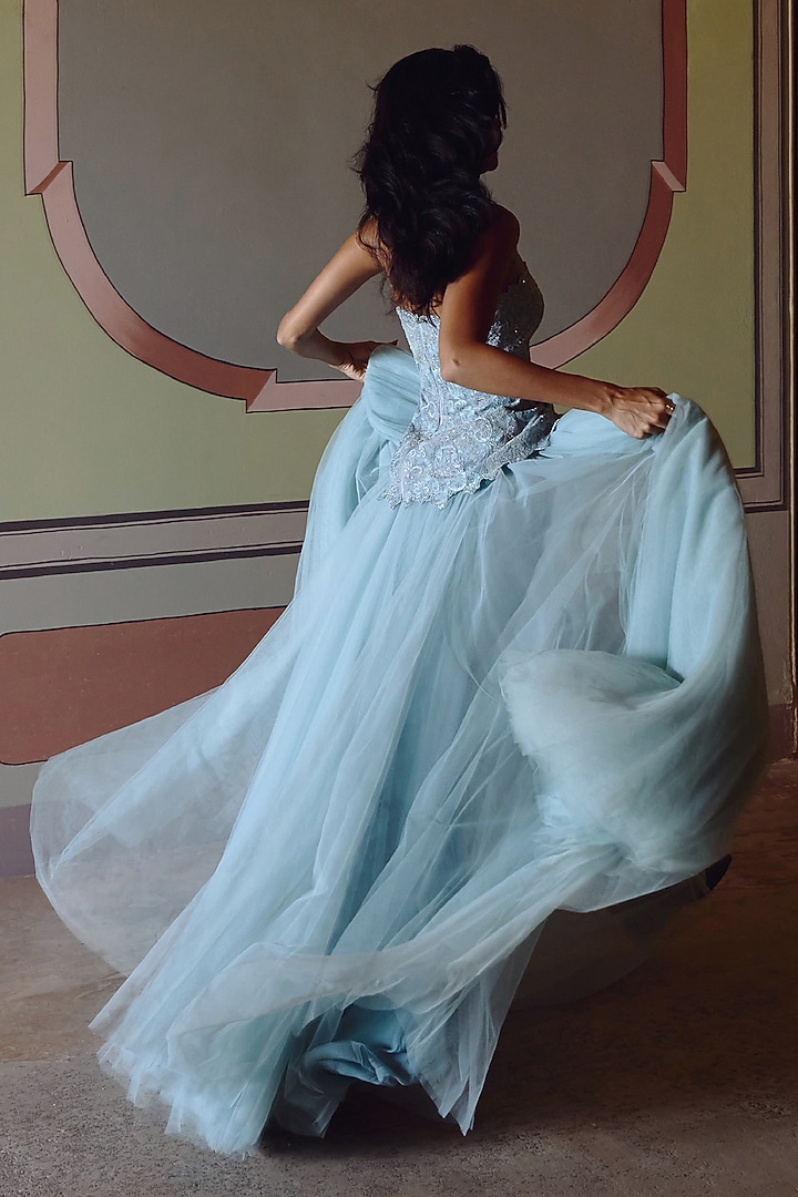 Powder Blue Net Dori Embroidered Skirt Set by Anushree Reddy at Pernia's Pop Up Shop