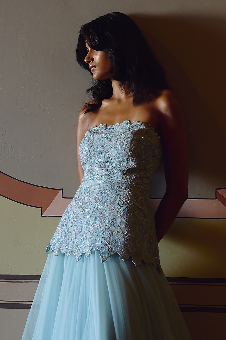 Powder Blue Net Dori Embroidered Skirt Set by Anushree Reddy at Pernia's Pop Up Shop